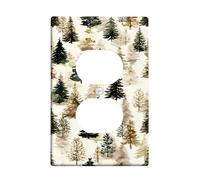 Pine Trees Duplex Outlet Covers Wall Plate, Nature Rustic Fir Trees Golden Leaves Winter Green Plastic Standard Size Decorative Receptacle Outlet Covers for New Apartment Home Bedroom Office Decor