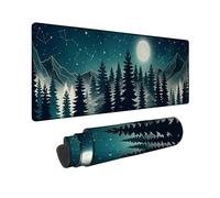 Pine Trees Large Mouse Pad, Nature Scenic Moon Mountains Winter Dark Blue Rubber Non Slip XL Stitched Edge MouseMat Desk Decor for Office Home Dorm Laptop 12x32 Inch