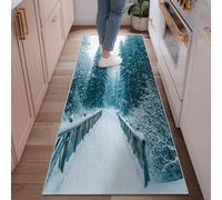 Pine Trees Runner Rug, Winter Rustic Snow Wooden Path Winter Teal Low Pile Soft Rectangle Carpet Stain Resistant for Kitchen Entryway Bathroom Doorway Decor 2x6 Ft