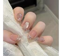 PINE WAVES Press on Nails Almond, 24pcs French Pearl Floral Fake Nails, Handmade Glue on Nails with 3D Design, Artificial Nails for Women
