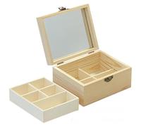 Pine Wood Jewelry Box with Mirror, Compact 15x12x7 cm Makeup Storage Organizer for Dresser or Vanity, Modern Minimalist Beige Design