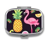 Pineapple Banana Flamingo Pill Box 2 Compartment, Portable Pill Case with Mirror for Pocket Purse Travel, Mini Metal Medicine Organizer for Vitamins Fish Oil
