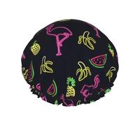 Pineapple Banana Flamingo Print Shower Cap For Women Lightweight Reusable Softdouble Waterproof Layers Leakproof.
