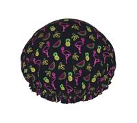 Pineapple Banana Flamingo Printed Shower Cap, Double Layer Hair Cover For Bathing, Reusable Headgear For Long Hair