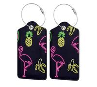 Pineapple Banana Flamingo Printing Luggage Tags for Suitcases Pu Leather Luggage Tags Privacy Flip Cover, Stainless Steel Loop & Waterproof Address Card (1pack/2pack/4pack)