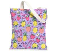 Pineapple Canvas Tote Bag for Women, Summer Playful Strawberry Peach Summer Violet Washable Reusable Shopping Bags Ideas for Shopping Trips Office Library Casual 13x15 Inch
