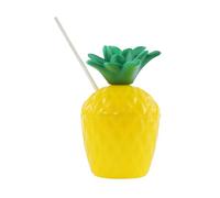 Pineapple Cup with Straw - Pack of 1 - Yellow Pineapple Drink Cup with Attached Green Stem and Paper Straw - Perfect for Summer Tropical Beach Parties, Luau, and Poolside Fun