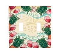 Pineapple Double Light Switch Cover Plate, Tropical Summer Wine Glass Waves Summer Green Plastic Standard Size Wall Switch Plates Accents for Living Room Bedroom Home Office Decor