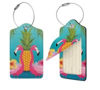 Pineapple Flamingo Luggage Tag PU Leather Suitcase Tags Identifiers Travel Tags with Privacy Protection and Stainless Steel Loop Luggage Bag Tag for Women Men, Black, 4 pcs