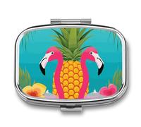 Pineapple Flamingo Pill Box 2 Compartment, Portable Pill Case with Mirror for Pocket Purse Travel, Mini Metal Medicine Organizer for Vitamins Fish Oil