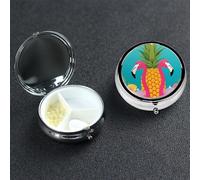 Pineapple Flamingo Pill Box with Mirror 3 Compartment Decorative Pill Case for Purse or Pocket Small Round Pill Organizer Weekly Metal Medicine Tablet Vitamin Holder Travel Gift
