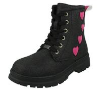 Pineapple Girls Pineapple Low Heel Lace Up Heart Glitter Boots with Inside Zip H4196 - Black - UK 11 Child