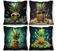 Pineapple Green Cushion Covers 35cm x 35cm Set of 4 Decorative Throw Pillow Covers Soft Square Exotic Pillow Cases for Sofa Couch Bedroom Outdoor Garden Cushions Home Office Car Decor Living Room
