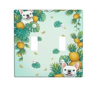 Pineapple Kitchen Double Light Switch Cover Plate, Tropical Playful Leaf Dog Summer Green Plastic Standard Size Toggle Light Switch Cover for Bedroom Bathroom Home Entrance Decor
