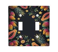 Pineapple Kitchen Double Light Switch Cover Plate, Tropical Vibrant Mango Papaya Summer Black Plastic Standard Size Switch Plate Decorative for Home Living Room New Apartment Decor