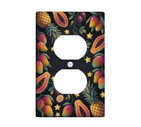 Pineapple Kitchen Duplex Outlet Covers Wall Plate, Tropical Vibrant Mango Papaya Summer Black Plastic Standard Size Double Power Outlet Cover Plate for Living Room Bedroom Home Office Decor