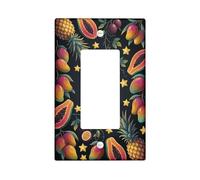 Pineapple Kitchen Single Rocker Light Switch Cover, Tropical Vibrant Mango Papaya Summer Black Plastic Standard Size Accents Wall Switch Plates for Bedroom Bathroom Home Entrance Decor