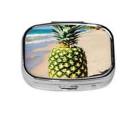 Pineapple on Beach Print Metal Iron Plating Square Mini Pill Box Portable Pill Box for Home Traveling Purse