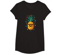 Pineapple Party Tropical Celebration Upside Down Fun T-Shirt, Girls, Black, Medium