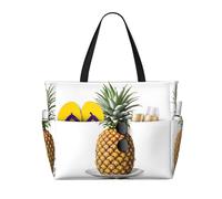 Pineapple Pattern Print Large Waterproof Beach Tote Bag for Women with Zip and Pockets Foldable Handbag for Travel Pool Shopping Holiday Gym