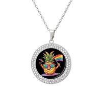 Pineapple Rainbow Flag Gay Pride LGBT Multicolored Diamond Necklace Dainty Round Pendants Jewelry for Women Silver-style
