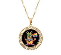 Pineapple Rainbow Flag Gay Pride LGBT Multicolored Diamond Necklace Dainty Round Pendants Jewelry for Women Golden-style