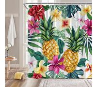 Pineapple Shower Curtain Yellow Tropical Fruit Pineapple Green Tropical Palm Leaf Colorful Flower Watercolor Summer Nature Plant Fabric Bathroom Decor Curtain with Hooks