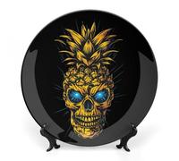 Pineapple Skull with Blue Eyes Personalized Bone China Decorative Plate Ceramic Decorative Plates with Display Stand for Home Office Decor