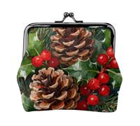 Pinecone Holly Berries Coin Purse-Leather Kiss Lock Wallet Small Clutch