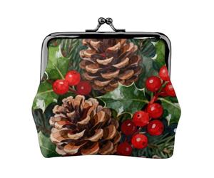 Pinecone Holly Berries Leather Coin Purse for Women-Small Kiss Lock Wallet, Mini Card Holder for Keys Lipstick, Cute Change Purse for Travel