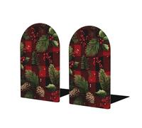 Pinecone Leaves Book Ends 1 Pair Red Buffalo Plaid Wooden Bookends for Shelves Heavy Duty Bookshelf Holder with Anti Slip Base, Book Stopper for Home Office Library