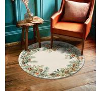 Pinecones Area Rug, Winter Rustic Leaves Berries Winter Green Low Pile Foam Round Doormat Throw Rug Edge Binding Entryway Bathroom Kitchen Doorway Decor 3' X 3'