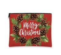 Pinecones Cosmetic Bag, Merry Christmas Holiday Travel Pouch for Women, Portable Small Canvas Zipper Organizer, Winter Skincare Toiletry Bag, Red, 7x9 Inch, Pinecones