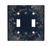 Pinecones Double Light Switch Cover Plate, Nature Rustic Feathers Crescent Moons Fall Navy Plastic Standard Size Wall Switch Plates Accents for Bedroom Bathroom Kitchen Entrance Decor