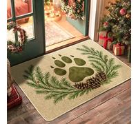 Pinecones Paw Print Doormat, Green Bear Footprint Indoor & Outdoor Entrance Holiday Decor, Non-Slip Rubber Waterproof Dust-Absorbent Floor Mats, Easy Care 29x17 Inch