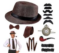 Pineeseatile 1920 Mens Outfit, 8Pcs/Set 1920 Mens Accessories Retro Outfit Set Include Coffee Bow Tie Suspenders Hat Watch Fake Beard and More for Party Accessories
