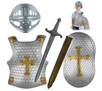 Pineeseatile 4Pcs Knight Costume Kids Cross Pattern Medieval Knight Armor Includes Helmet Shield Sword for Role Play Cosplay Halloween