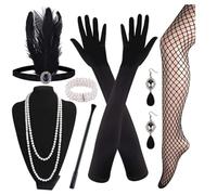 Pineeseatile 7 Pieces 1920s Flapper Great Accessories Set with Headband Headpiece for Women, Roaring 20's Theme Set with Long Black Gloves Necklace Earrings