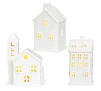 Pineeseatile Christmas Village Figurines 3Pcs Christmas Village Sets, White Ceramic Christmas Village House Porcelain LED Light Up Christmas House for Christmas Decor Home Table Display