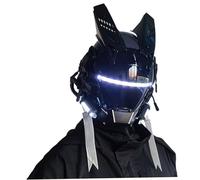 Pineeseatile Cyber Mask Futuristic Cool Punk Mask with White LED Lights & 2 Ribbons Sci-Fi Sturdy Plastic Full Face Mask for Halloween Party Cosplay Costume Accessory, Black,LED Helmet