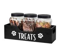 Pineeseatile Dog Treat Container, Dog Food Storage Container, 3Pcs Plastic Treat Jar with Wooden Holder & Handle, Non-Slip Portable Cat Food Storage for Snacks, Jerky, Biscuits and More