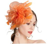 Pineeseatile Fascinator Hat for Women, Orange Floral Organza Feather Tea Party Hat with Headband and Clip, One Size Fits All, Perfect for Weddings and Special Occasions