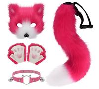 Pineeseatile Fox Costume Realistic Rose Red Furry Costume Includes Fox Mask, Fox Tail, Fox Paws & Collar for Women Cute Therian Costume for Dress Up, Masquerade,Fox Mask