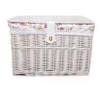 Pineeseatile Wicker Storage Trunk with Lid 12x8x8 Inch White Wicker Trunk with Floral Liner Natural Lockable Storage Trunk for Toys, Blankets, Clothes,Wicker Trunk