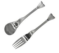 Pinenjoy 2Pcs Fishtail Handle Spoon and Fork Silver 18/10(304) Stainless Steel 7.5inch Asian Soup Spoon Dinner Fork Set for Porridge Cereal Salad Spaghetti