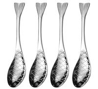 Pinenjoy 4Pcs Silver Fish Spoon 18/10(304) Stainless Steel Asian Soup Spoon Short Handle Spoon for Porridge Cereal Rice