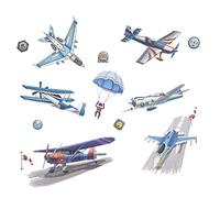 Pinenjoy Cartoon Airplane and Pilot Wall Decal Biplane Parachutist and Helipad Wall Sticker 33x32.6inch Removable Vinyl Aircraft Wall Clings for Kids Bedroom Nursery Living Room Decoration