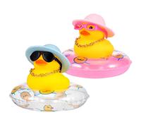 Pinenuts 2 PCS Car Duck Decoration Dashboard, Rubber Duck Car Ornament with Sun Hats Swimming Rings Sunglasses and Gold Chains for Car Office Bedroom Decoration, Pink + Transparent Swim Rings