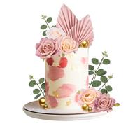 Pinenuts 22 Pcs Cake Toppers Decorations, Gold Balloon Cake Toppers, Paper Palm Fan Cake Toppers Artificial Rose Flowers Leaves Cake Decorations for DIY Birthday Party Wedding Valentine's Day (Pink)
