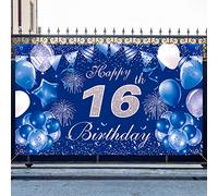 Pinenuts Happy 16th Birthday Backdrop Banner Blue, Large Fabric Birthday Photo Background Sign Poster, 3.6 x 6.1 ft